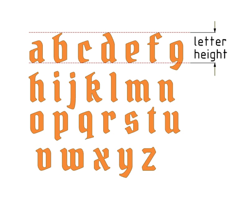 May include: A set of orange lowercase letters in a gothic typeface arranged in four rows. The letters a through z are displayed with a diagram indicating the letter height using two horizontal dashed lines and a vertical arrow labeled letter height.