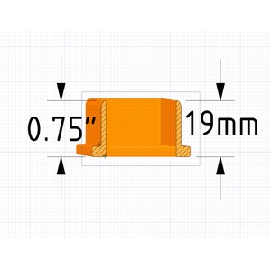 Puede incluir: Un objeto rectangular de color naranja con un dise&ntilde;o escalonado. El objeto mide 19 mm de altura y 19 mm de ancho. La imagen es un dibujo t&eacute;cnico o esquema, con dimensiones claramente etiquetadas.