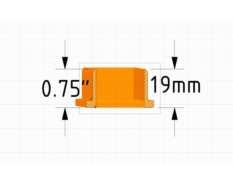 Puede incluir: Un objeto rectangular de color naranja con un dise&ntilde;o escalonado. El objeto mide 19 mm de altura y 19 mm de ancho. La imagen es un dibujo t&eacute;cnico o esquema, con dimensiones claramente etiquetadas.