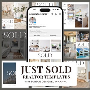 以下が含まれることがあります： 「SOLD」と「JUST SOLD」の太字の文字が特徴の不動産マーケティングテンプレートのコレクション。 Canvaでデザインされたテンプレートは、物件の内外装を紹介しています。 スマートフォンにはソーシャルメディアのプロフィールが表示されています。
