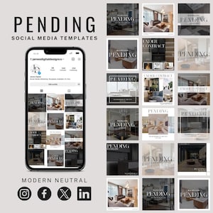 Könnte beinhalten: Eine Sammlung von Social-Media-Vorlagen für Immobilienmakler. Die Vorlagen zeichnen sich durch ein modernes, neutrales Farbschema mit schwarzem und weißem Text aus. Der Text umfasst "Pending", "Under Contract" und "1,5 Millionen Euro".