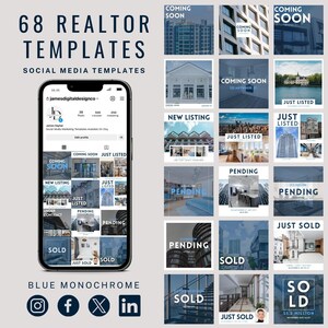 Pacote de modelos de mídia social imobiliária | Modelos de marketing imobiliário para Instagram | Modelos de marketing para corretores de imóveis | Azul