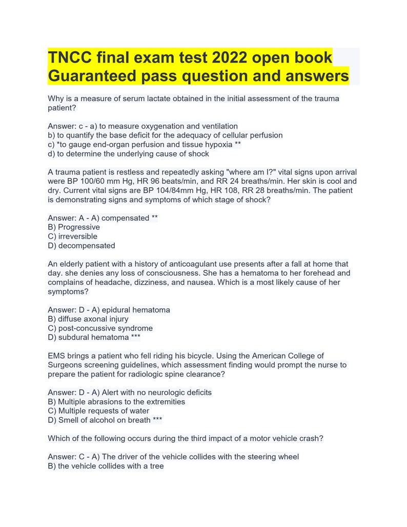 TNCC Final Exam Test 2022 Open Book Guaranteed Pass Question Etsy