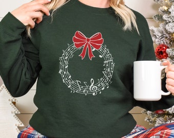 Music Teacher Wreath Christmas Sweater, Cute Winter Crewneck Music Jumper for Band Director, Orchestra Conductor Gift for Recital/Concert