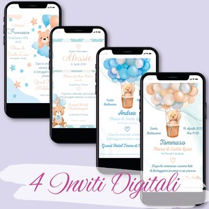 Invito digitale battesimo, bimbo e bambino, orsetto, oro e blu, coordinato menù segnatavolo file digitale, personalizzato, bomboniere