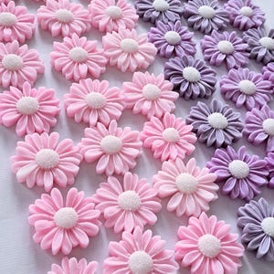 May include: An assortment of daisy-shaped embellishments in various shades of pink and purple. Each flower has a white center and detailed petals. These decorative elements are ideal for crafts and DIY projects.