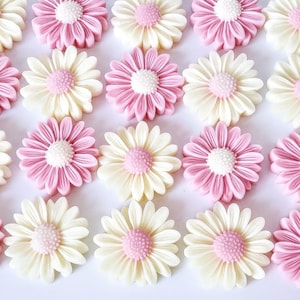 May include: An overhead shot of multiple daisy-shaped decorations. The decorations alternate between pink and off-white petals with a light pink center. The petals are detailed and arranged in a circular pattern, creating a floral design.