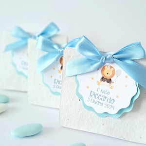 Bustine in CARTA PIANTABILE, bomboniere con tag e personalizzazione battesimo, nascita bimba bimbo, compleanni, comunione e cresima confetti