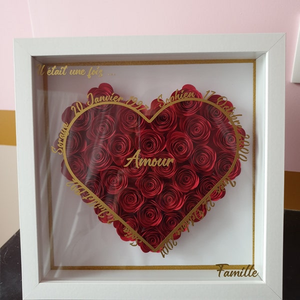 Cadre cœur rose, boite à fleurs en forme de cœur, roses papier, cadeau personnalisé