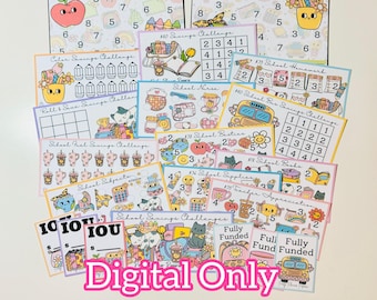 May include: A set of printable digital savings challenge trackers featuring a school theme. The trackers are colorful and feature illustrations of school supplies, buses, and other school-related items. The trackers are designed to help people save money for different goals, such as school supplies, field trips, or teacher appreciation gifts.