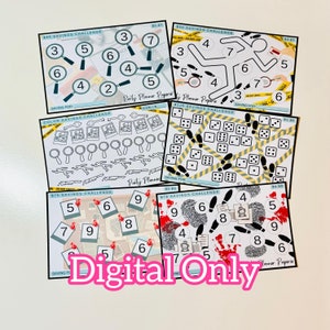 May include: Five printable cards for a savings challenge game. Each card features a different amount of money, from £45 to £78, and a corresponding image. The images include magnifying glasses, footprints, dice, and fingerprints. The cards are designed with a black and white colour scheme and feature a "Party Planner Paperie" logo.