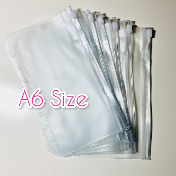 6 count A6 Size Plastic Slider Envelopes with 6 ring hole punched for Budget Planners, Savings Challenges, Binder Organization, etc.