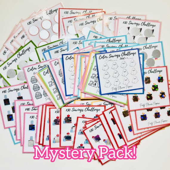OOPSIE MYSTERY Pack 6 MINI Savings Challenges - Laminated - 6 Different Designs in Bundle - 2 Color + 4 Scratch off - Have Fun Saving Money!