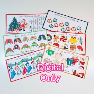 May include: A set of six printable Christmas savings challenge cards. Each card features a different amount to save, from $20 to $140, and a festive illustration. The cards are designed to help people save money for the holidays.