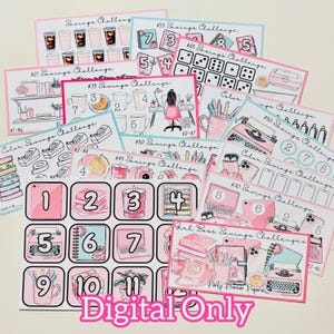 May include: A set of printable digital savings challenge cards with a pink and blue color scheme. The cards feature various illustrations, including coffee cups, typewriters, and a laptop. The text on the cards includes "Savings Challenge" and dollar amounts. The cards are labeled "Digital Only".