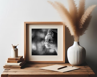 Faszinierende Katze in Schwarz-Weiß – Fesselnde Katzenfotografie, neugieriger Gesichtsausdruck