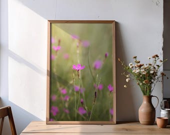 Delicada flor rosa de prado: fotografía macro de flores silvestres en tonos pastel suaves, arte mural natural