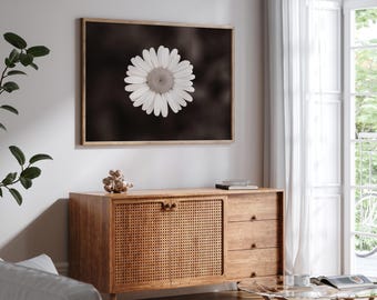Impresión fotográfica macro de margaritas sepia, arte floral minimalista para pared (descarga digital)