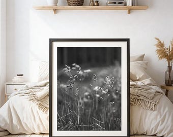 Impresión de hierba de pradera en blanco y negro: arte mural nórdico minimalista (descarga digital)