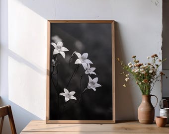 Fotografía minimalista de flores en blanco y negro: arte mural de campanillas, impresión de naturaleza, arte botánico melancólico