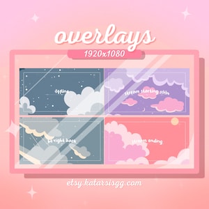 以下が含まれることがあります： パステルピンク、パープル、ブルーの空を背景に白い雲が浮かぶ、4種類のアニメーションTwitchオーバーレイ。オーバーレイには、「オフライン」、「ストリーム開始間近」、「すぐに戻ります」、「ストリーム終了」というテキストが表示されています。