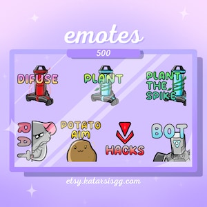 May include: A set of 6 digital illustrations of Valorant game emotes. The emotes are: "Diffuse", "Plant", "Plant the Spike", "Rat", "Potato Aim", "Hacks", and "Bot".