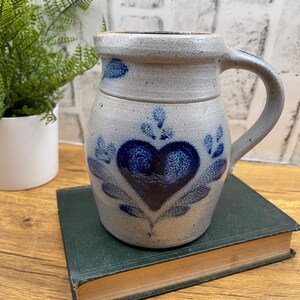 Vintage Salt Glazed Stoneware Pitcher Rowe Pottery Works 1987 Blue Heart