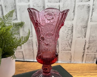 Vintage Fenton Cabbage Rose Footed Vase Pink Dusty Rose Art Glass 9" Scalloped