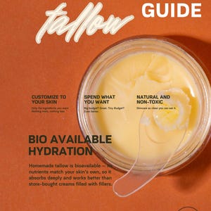 May include: An advert for tallow skincare. The image shows a jar of yellow cream with a clear spoon, and text that reads "The Ultimate Tallow Guide." Additional text highlights customization, natural ingredients, and bioavailable hydration.