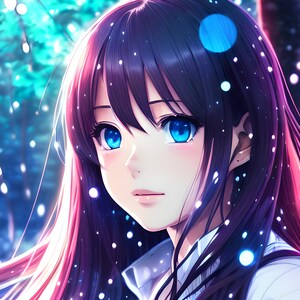 May include: Anime-style illustration of a young person with long, dark hair and bright blue eyes. The character is wearing a white collared shirt. The background is a blurred forest scene with soft lighting and glowing orbs.