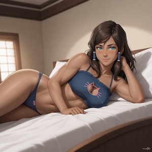 May include: A woman in a blue lingerie set with a cat design, resting on a white bed. The lingerie has a cat silhouette and a frilled edge. The woman has brown hair and blue eyes.