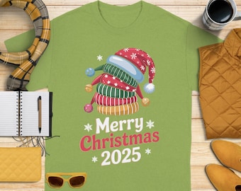 Merry Christmas 2025 T-Shirt, Stacked Santa Hat Design