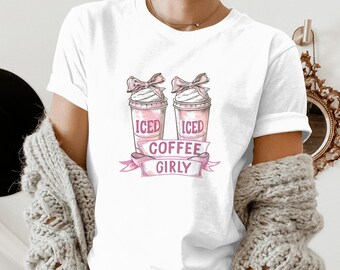 Girly Coquette  Iced Coffee T-Shirt, Pink Graphic Tee, Cute Bow Coffee Cup Shirt, Trendy Coffee Lover Top, Gift for Her