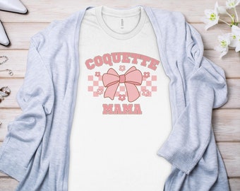 Retro Coquette Mama T-Shirt, Pink Bow and Checkered Pattern, Vintage Aesthetic Mom Tee, Unique Mother's Day GiftGift For Her