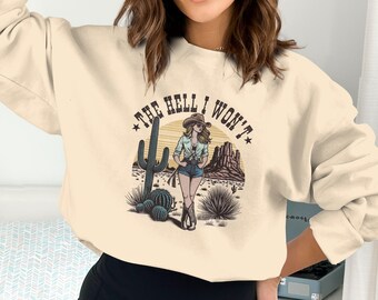 Camiseta de vaquera occidental, eslogan The Hell I Won't, camiseta gráfica del desierto de cactus, camiseta de vaquera occidental vintage