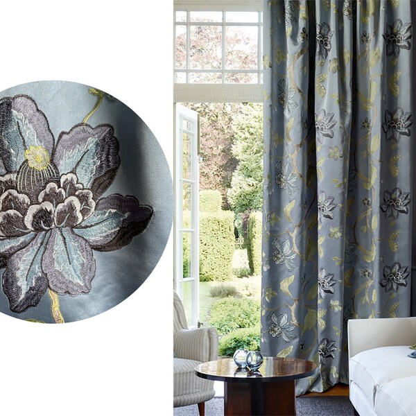 Designer fabrics, grey-blue imitation silk embroidered curtains, chinoiserie embroidered curtain fabrics, embroidered flowers.