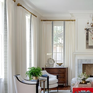 White Cotton Linen Curtain Panels, Curtains with Beige Trim, Pleated Curtains, Handmade, Gift
