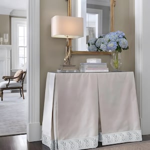 Rectangular cotton table skirt, box pleat table skirt, rectangular tablecloth with decorative band, custom size tablecloth.