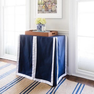 Navy Blue Cotton Table Skirt, Rectangular Pleated Table Skirt, Box Pleated Table Cloth, Custom Size Table Skirt.