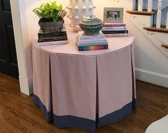 Round cotton table skirt, pleated color block table skirt, blue table skirt, custom size table skirt.