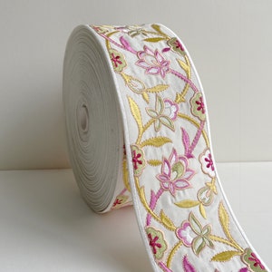 3.5cm cotton embroidery trim, pink floral trim, decorative ribbon, curtain trim.