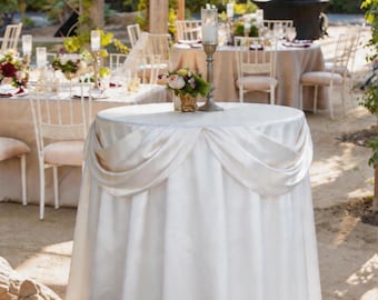 Pearl White Table Skirt | Elegant Floor Length Round Table Cover for Wedding Reception | Draped Satin Table Linen