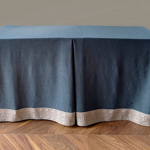 Polygon Table Skirt,Pleated Blue Cotton Linen Table Skirt with Trim,Cotton Table Covering,Customized Table Skirt,Home Decor