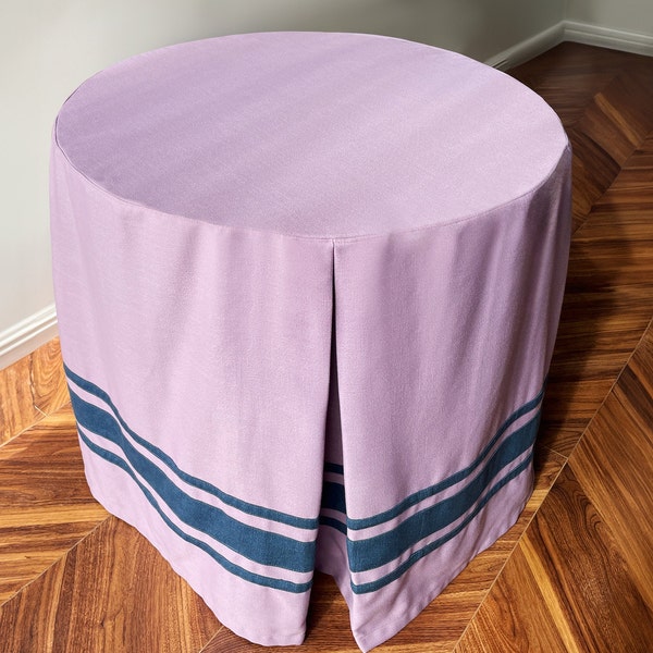 Pleated Pink Table Skirt with Blue Border,Round Table Skirt,Linen Tableskirt,Fitted Custom Tablecloth, Customized Table Skirt