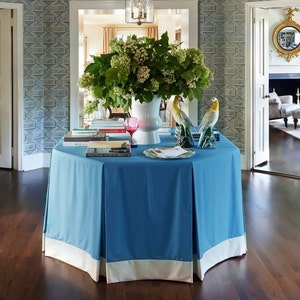 Polygon Blue Table Skirt With White Border,Pleated Cotton Linen Table Skirt,Cotton Table Covering,Customized Table Skirt,Home Decor
