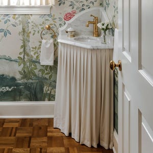 Sink curtains, cabinet curtains, bathroom curtains, privacy curtains, handmade, customizable sizes, and a variety of colors available.