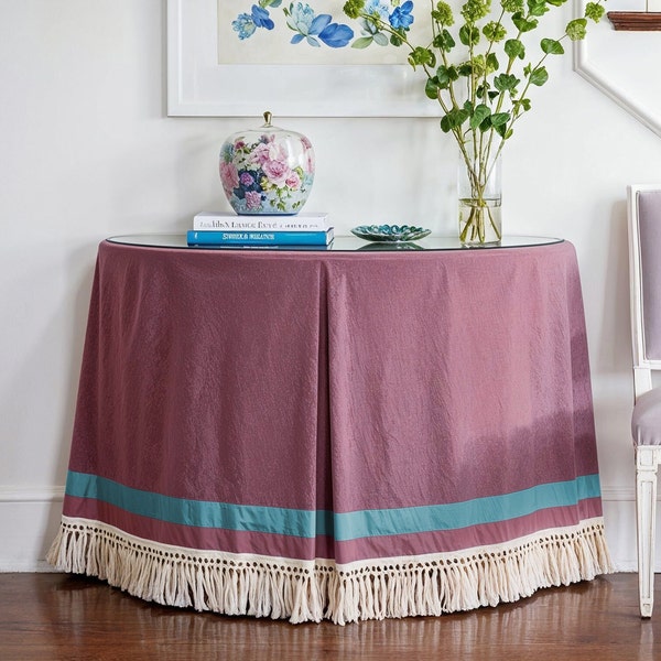 Custom Round Table Skirt,Pleated Pink Table Skirt with Blue Border and Tassel,Table Covering,Stylish and Durable Decor,Home Decor