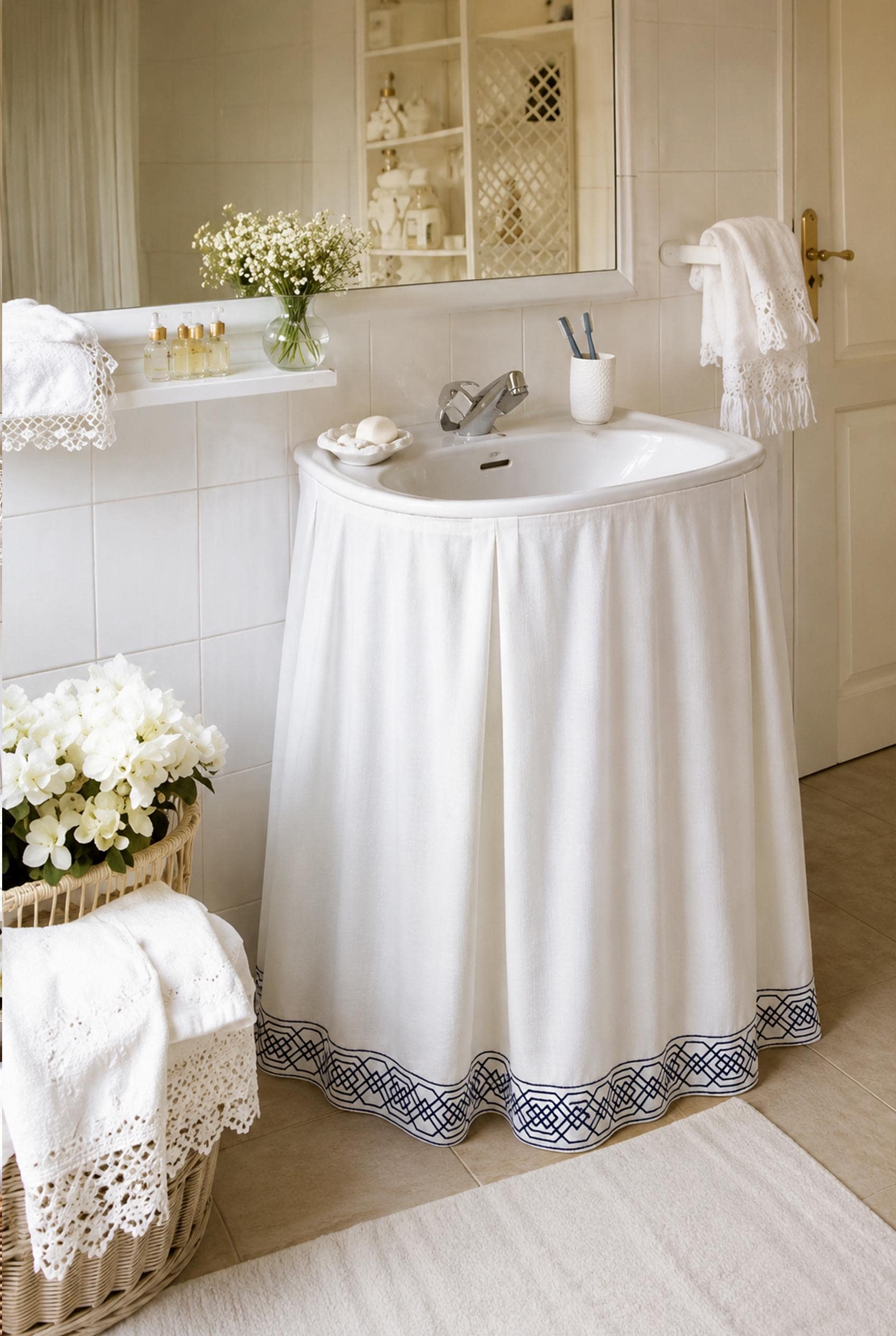 Custom Sink Skirt Curtain, White Linen with Navy Ribbon Trim, Handmade Cabinet Curtain