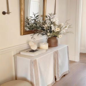 Custom Box Pleated White Console Table Skirt with Khaki Border