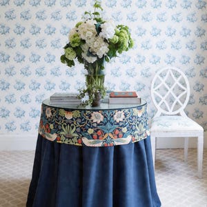 William Morris Strawberry Thief Table Skirt, Navy Blue Velvet Round Table Cover, Floral Border Accent Tablecloth, Traditional English Decor